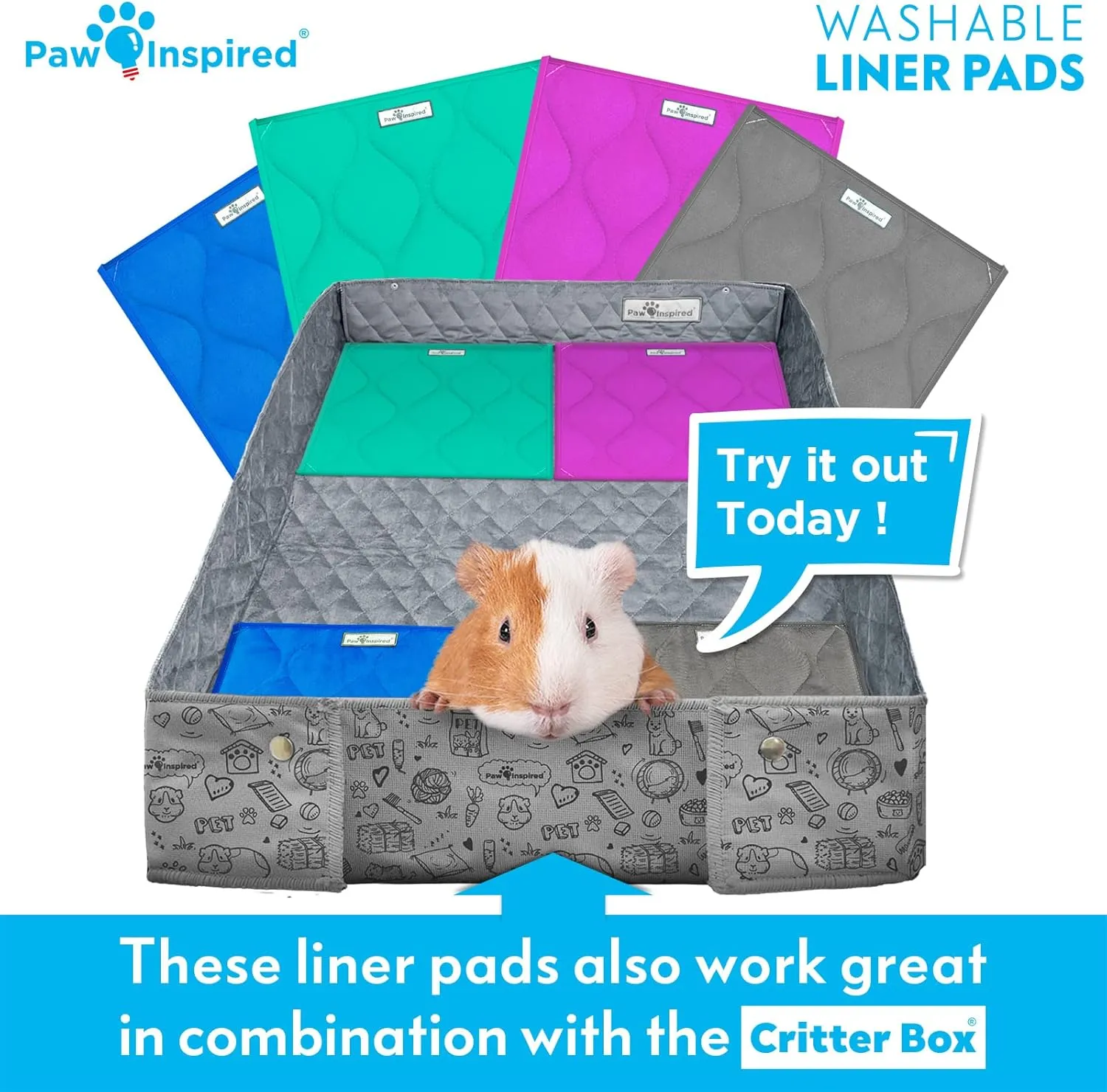 Paw Inspired Guinea Pig Cage Liner Pads | Washable Fleece Bedding, Waterproof Bottom | Super Absorbent Pee Pad or Pet Bed Mat for Guinea Pigs, Ferrets, Rabbits, Hamsters, Small Animals (12"x12", Blue)