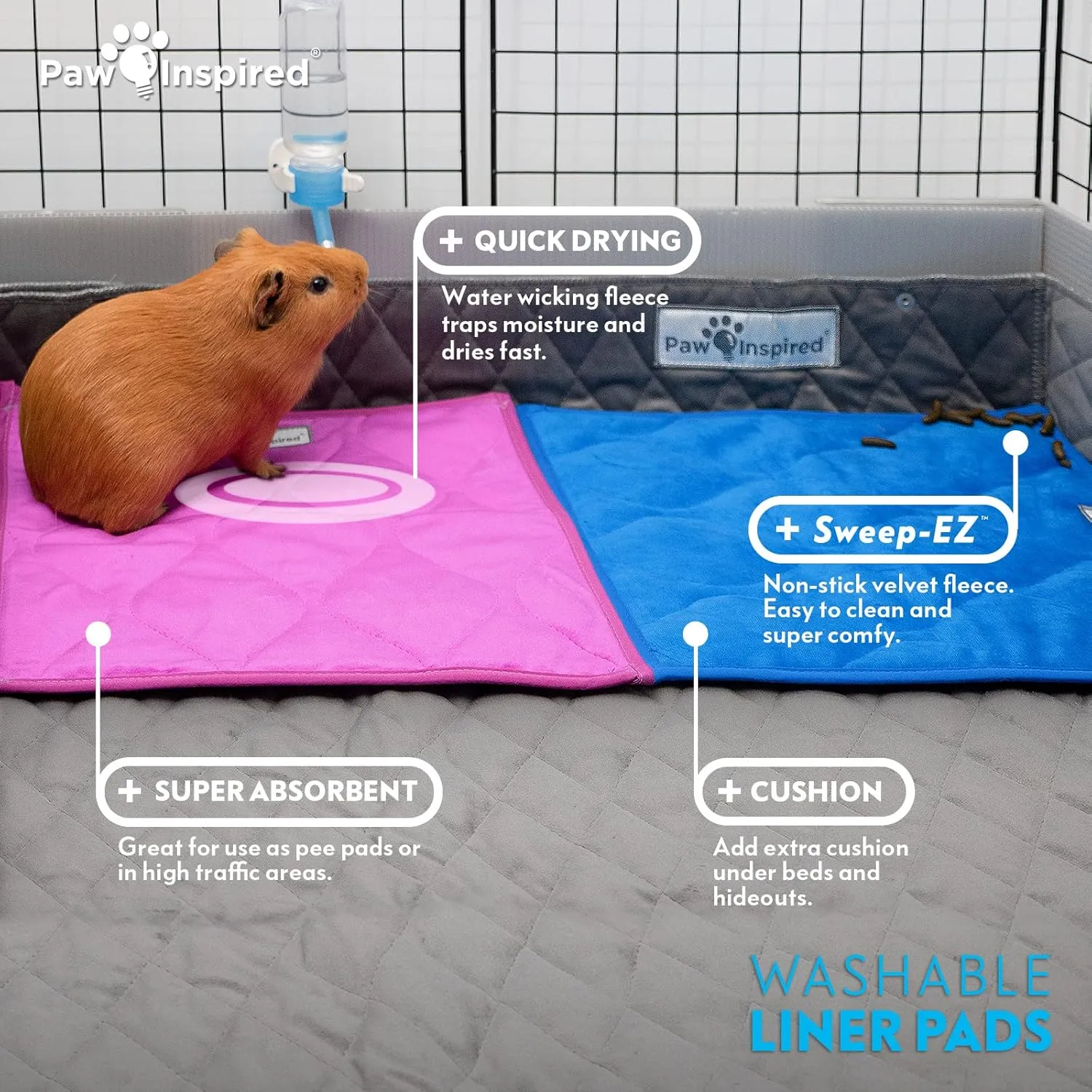 Paw Inspired Guinea Pig Cage Liner Pads | Washable Fleece Bedding, Waterproof Bottom | Super Absorbent Pee Pad or Pet Bed Mat for Guinea Pigs, Ferrets, Rabbits, Hamsters, Small Animals (12"x12", Blue)
