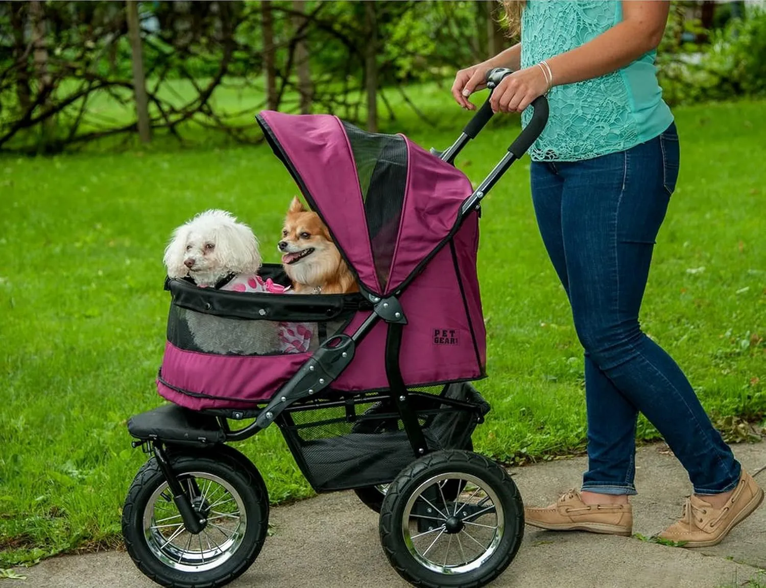 Pet Gear NO-Zip Double Pet Stroller, Zipperless Entry, for Single or Multiple Dogs/Cats, Plush Pad   Weather Cover Included, Large Gel-Filled Tires, 1 Model 3 Colors