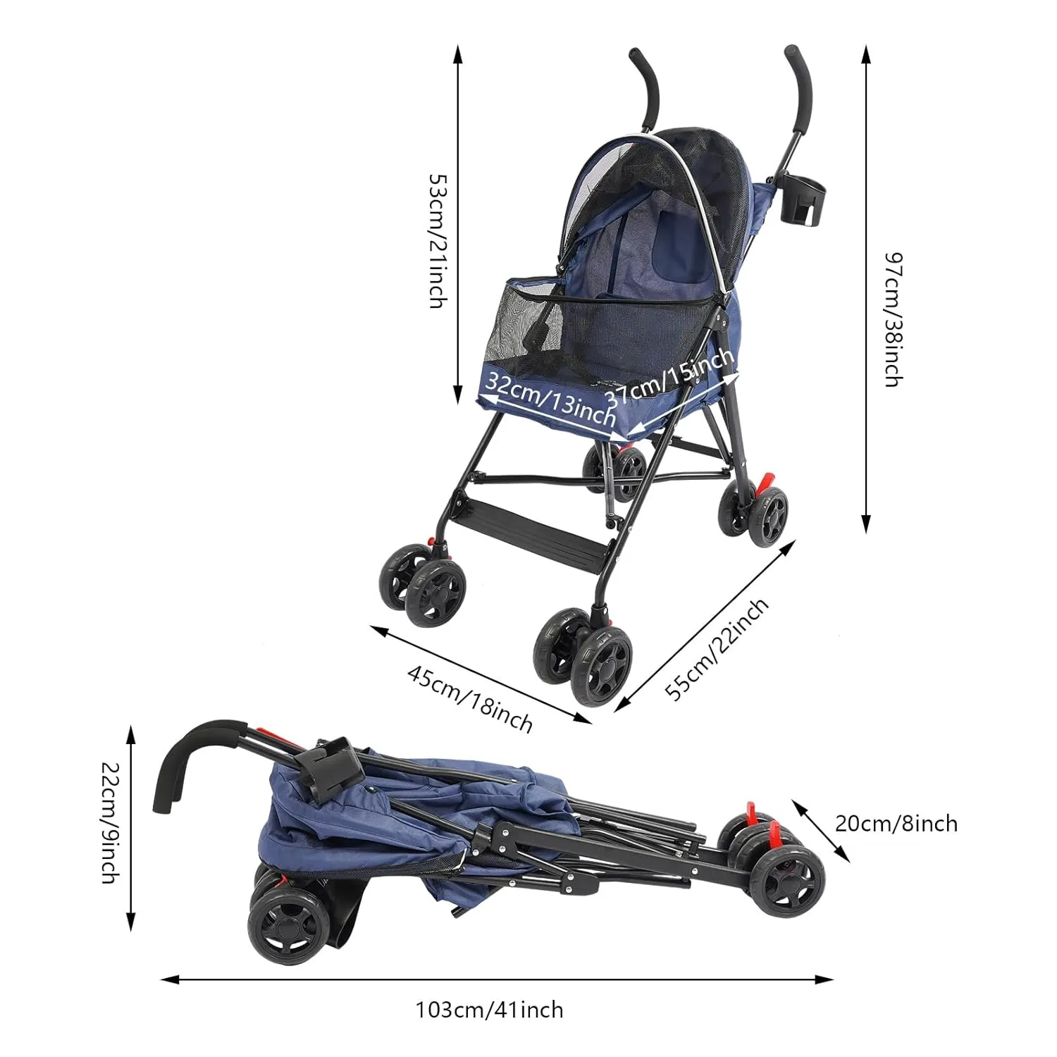 Pet Travel Stroller, Pet Stroller Made of Oxford Cloth, Spray Molding Foldable Pet Stroller 22 * 18 * 38in (Blue)
