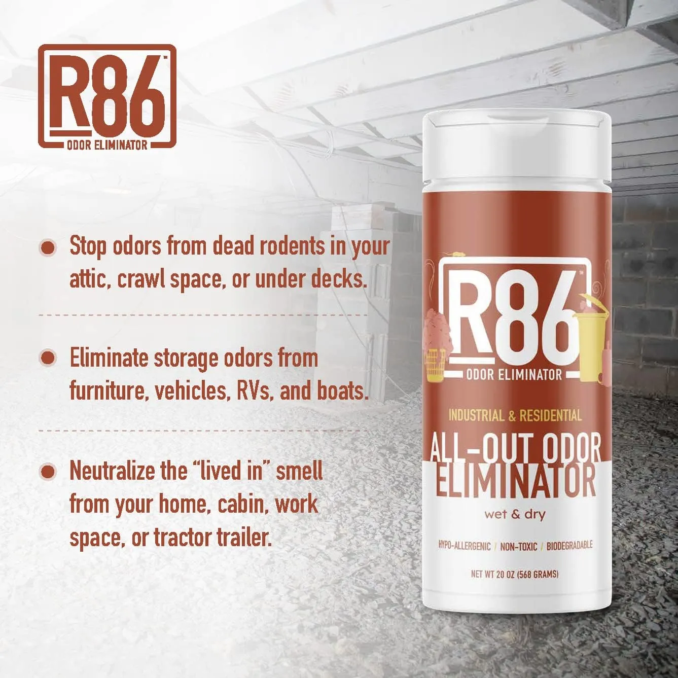 R86 Industrial All-Out Odor Eliminator, Removes Dead Animal Odor, Skunk Odor, Urine, Poop, Musty Basement & More  Natural Formula, Use Wet or Dry, Biodegradable