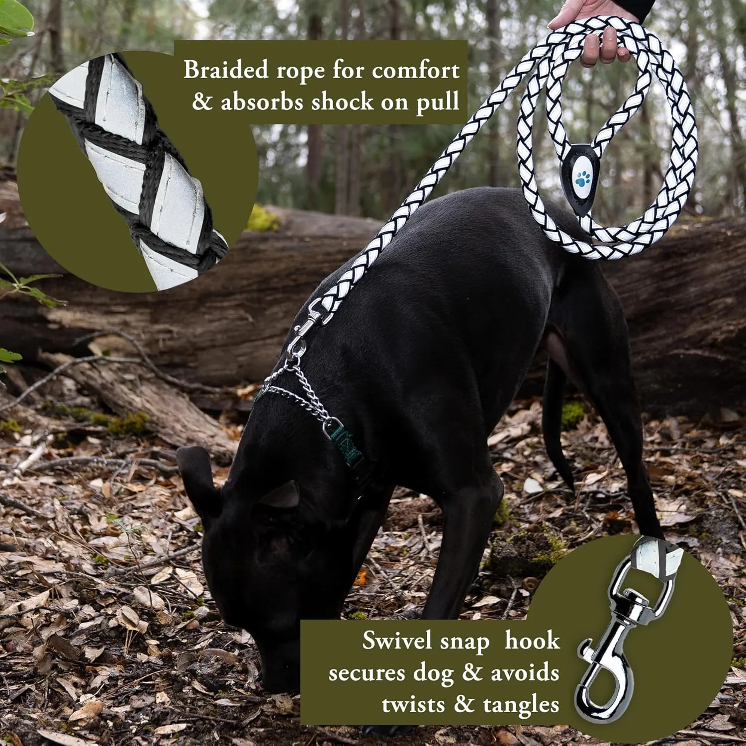 Reflective Dog Leash. Heavy Duty and Durable for Large and Medium Breeds. 6 Ft Long Rope, Tangle Free Braided Leash with Comfortable Handle (Black)