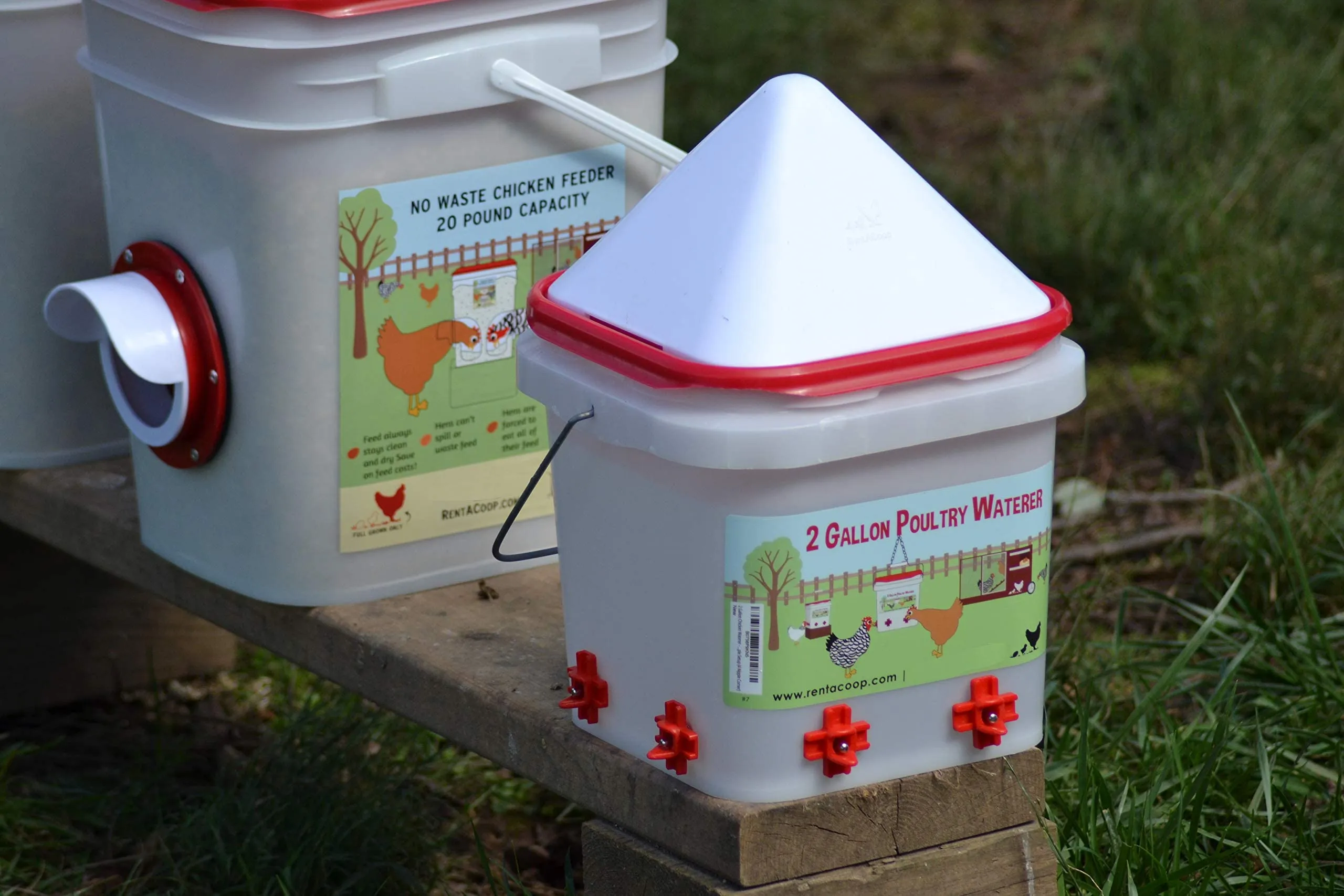 RentACoop 2 Gallon Chicken BPA-Free Plastic Bucket Waterer Set with 4 Horizontal Nipples - Corner Placement