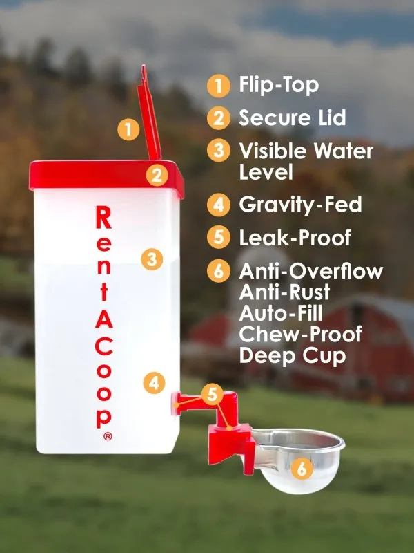 RentACoop 64oz(2L) Small Animal Drinker with Auto-Fill Metal Cups - Suitable for Small Pets, Bunnies, Hamsters, Guinea Pigs, Rabbits, Chinchillas, Mice and Rats