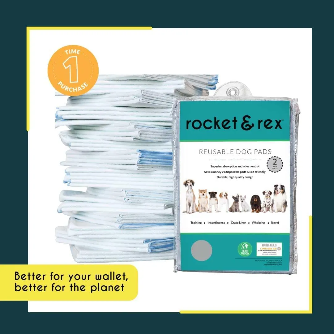 rocket & rex Premium Washable Pee Pads for Dogs, Waterproof & Reusable Puppy Pads for Potty Training, Whelping, Lining Crates & More, Guaranteed for up to 300 Washes, 22" x 22" (Pack of 2)