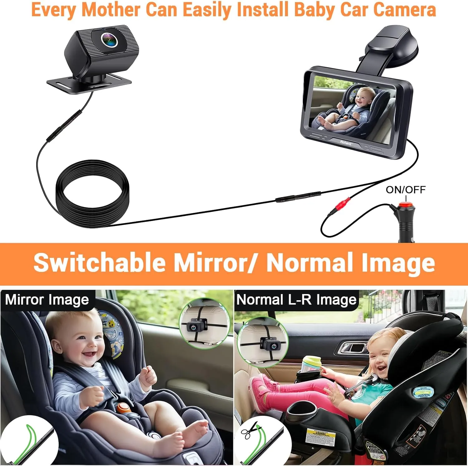 Rohent Baby Car Camera with Night Vision - HD 1080P Rear-Facing Car Seat Camera with 4.3'' Display, 360 Adjustable, Easy DIY Installation for Infant Safety, Fits SUVs, Trucks, Sedans