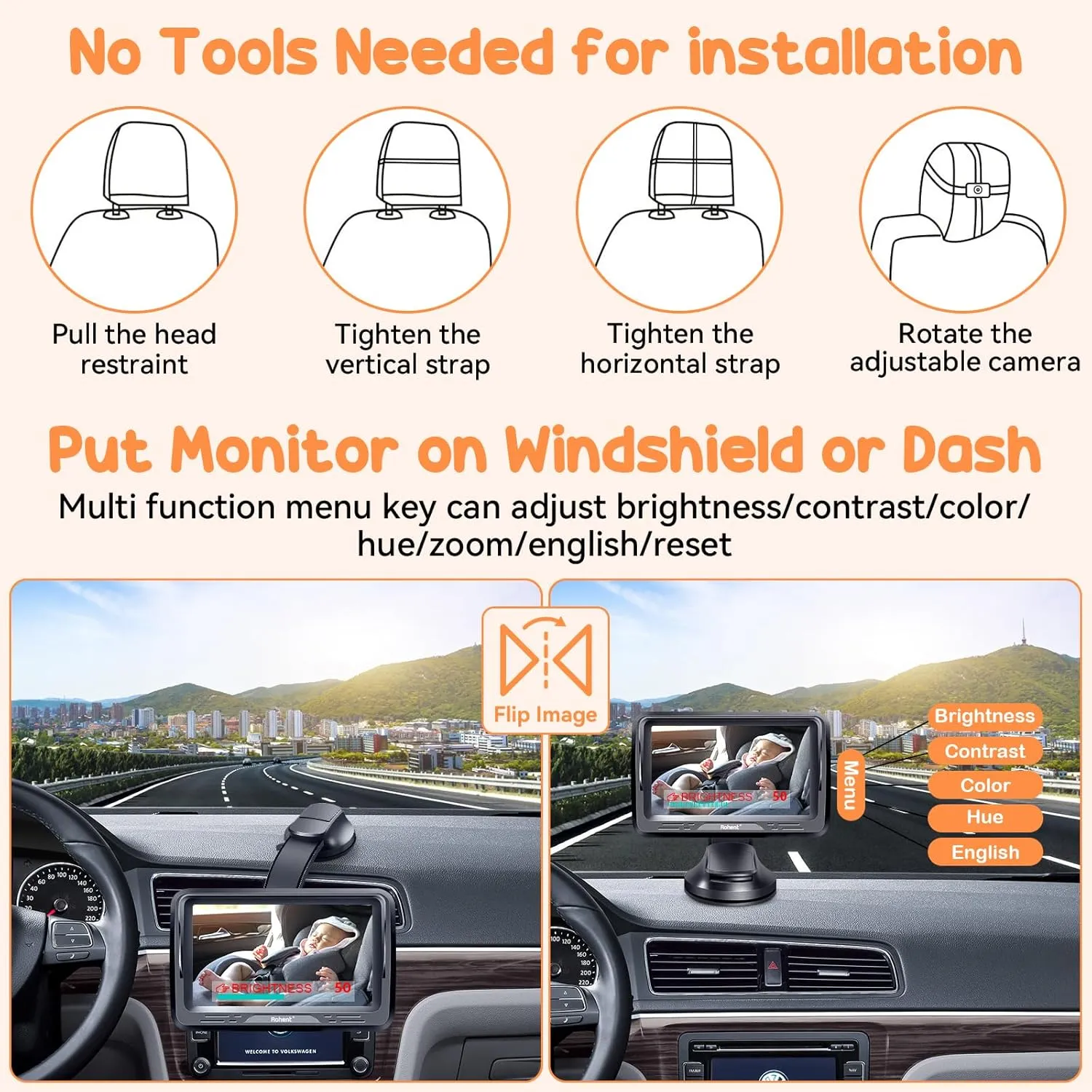 Rohent Baby Car Camera with Night Vision - HD 1080P Rear-Facing Car Seat Camera with 4.3'' Display, 360 Adjustable, Easy DIY Installation for Infant Safety, Fits SUVs, Trucks, Sedans