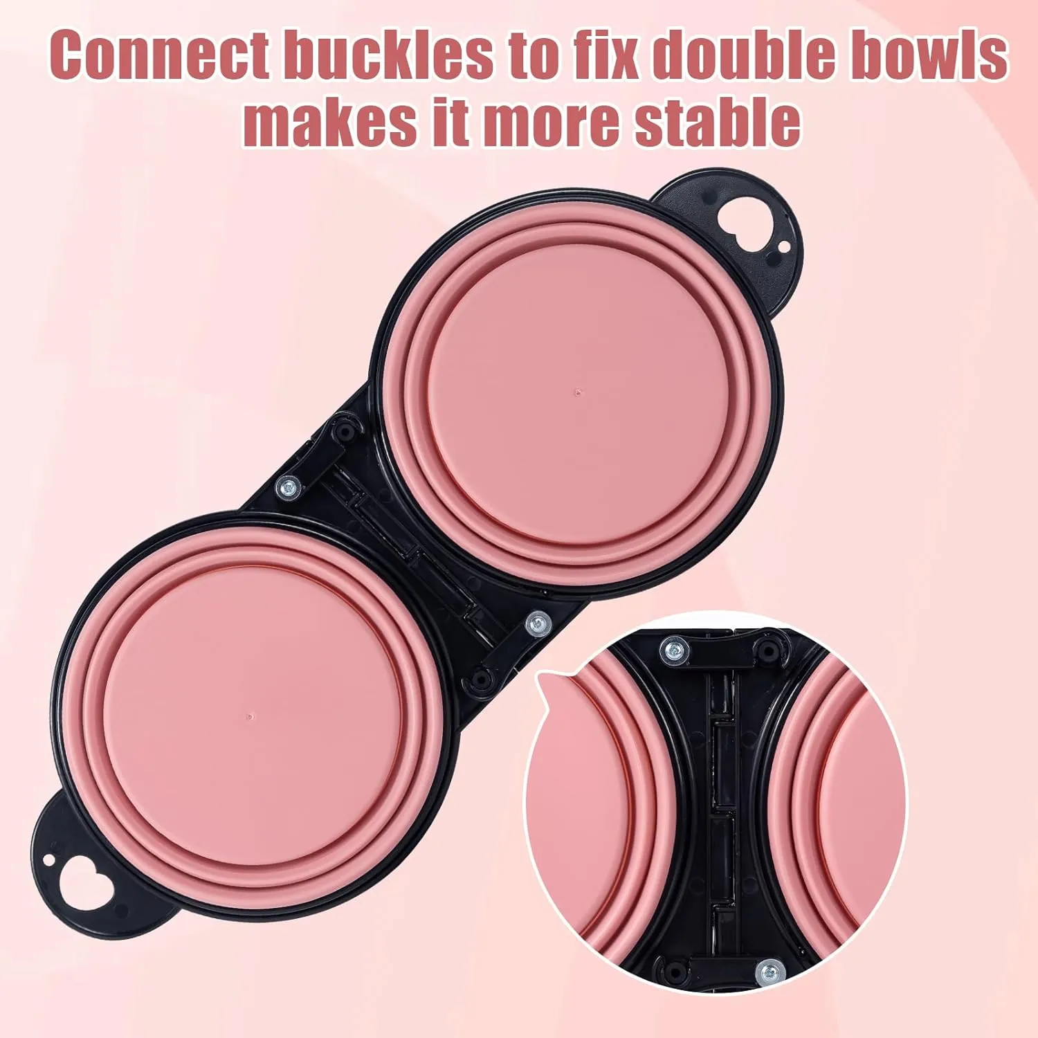 SLSON Collapsible Dog Dual Bowls Reinforced Rim 180 Degrees Flip Over Foldable Double Bowl with Lock Clips More Stable Dog Travel Bowls Pet Food Water Feeder (Light Pink)