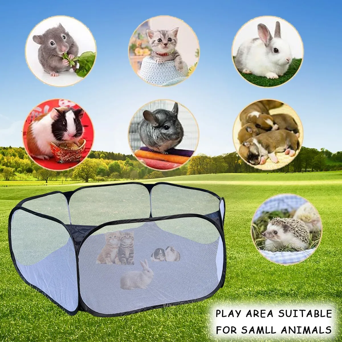 Small Animals Tent, Breathable Transparent Pet Playpen Pop Open Outdoor/Indoor Exercise Fence, Portable Yard Fence for Guinea Pig, Rabbit, Hamster, Chinchillas and Hedgehogs