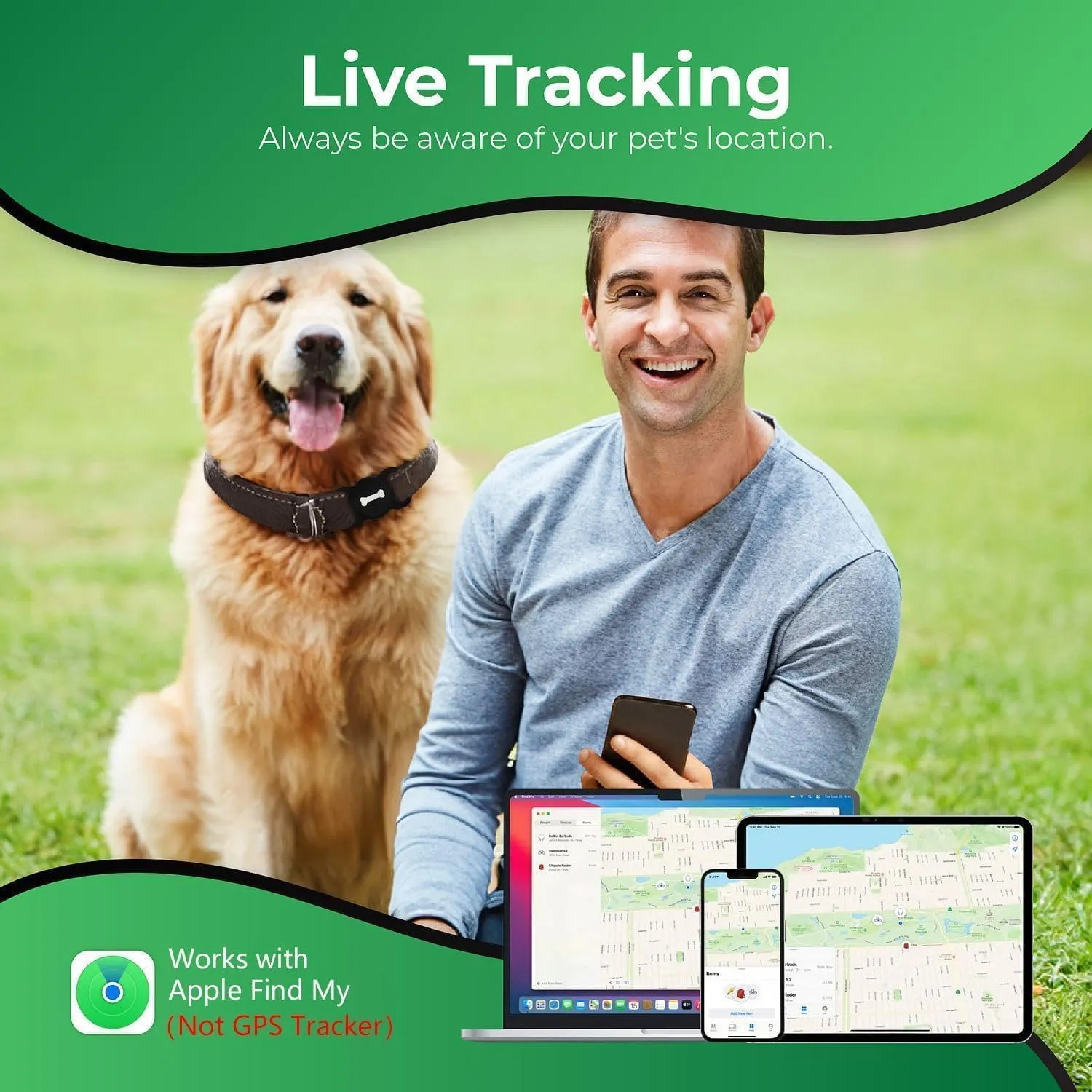 Smart Pet Tracker, Dog Tracker with Collar Holder, Smart Tag for Seamless Location Tracking, No Monthly Fee MFi Certificated, Work with Find My, No GPS Tracker, iOS Only, Black