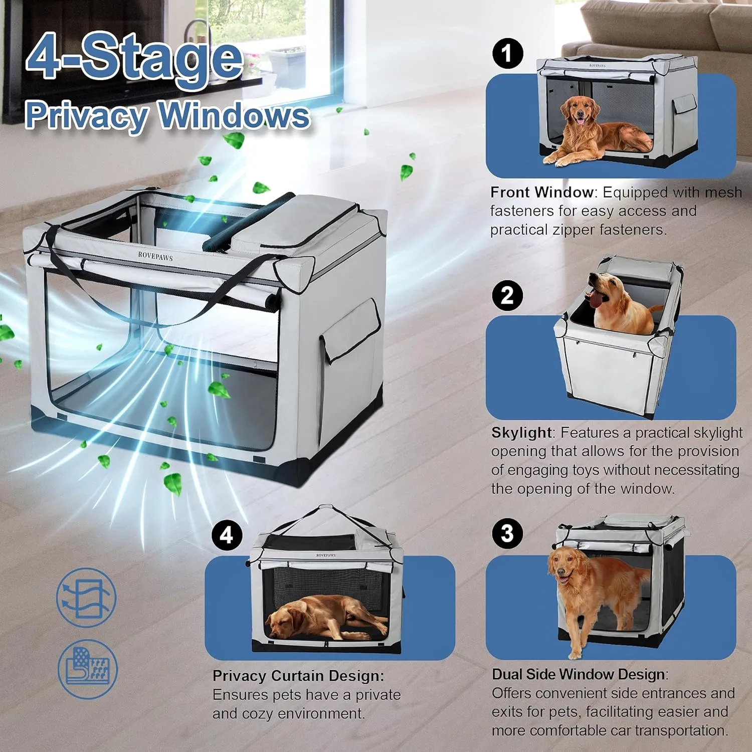 Soft Collapsible Dog Crate - 36 Inch Portable Travel Crate with Extra Space Indoor & Outdoor, 4-Door Foldable Pet Kennel with Durable Mesh Windows, Light Gray