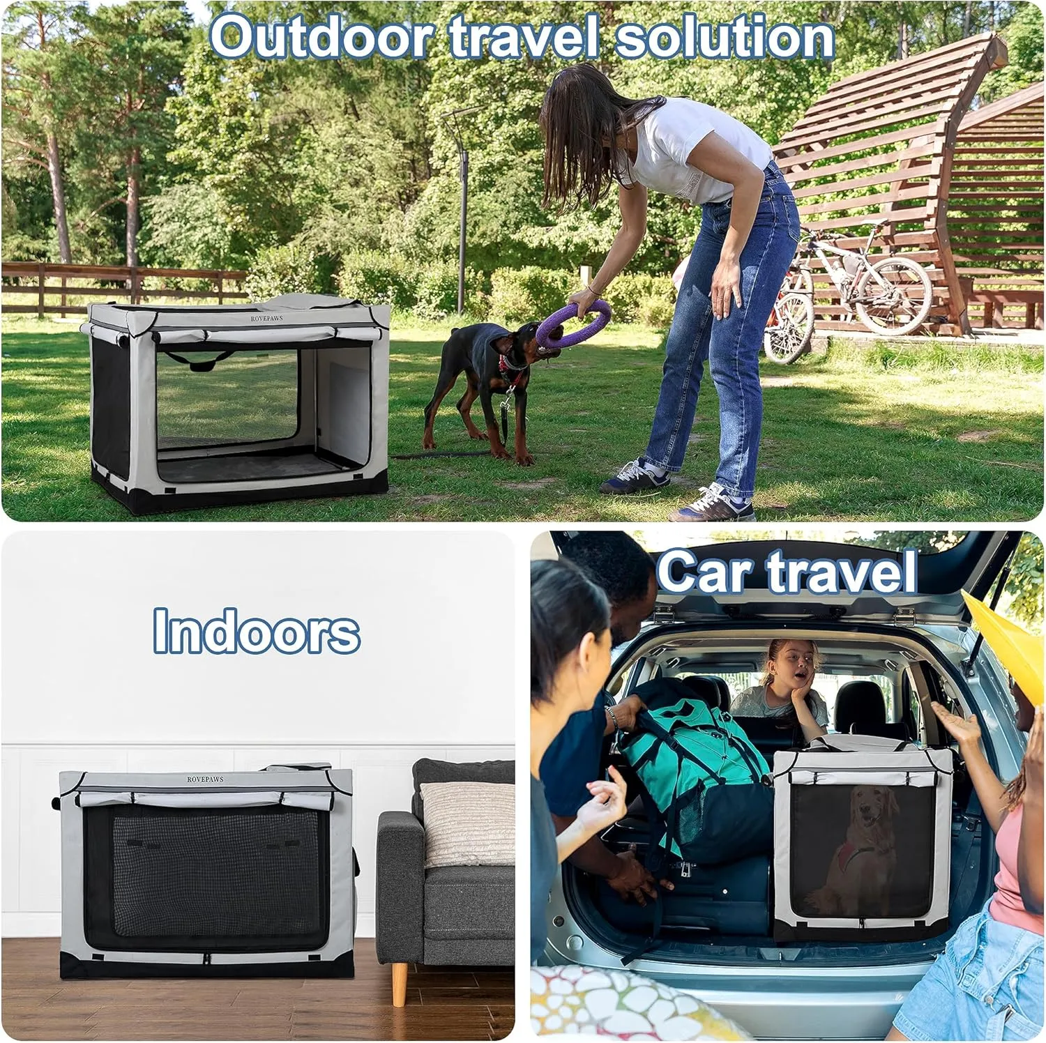 Soft Collapsible Dog Crate - 36 Inch Portable Travel Crate with Extra Space Indoor & Outdoor, 4-Door Foldable Pet Kennel with Durable Mesh Windows, Light Gray
