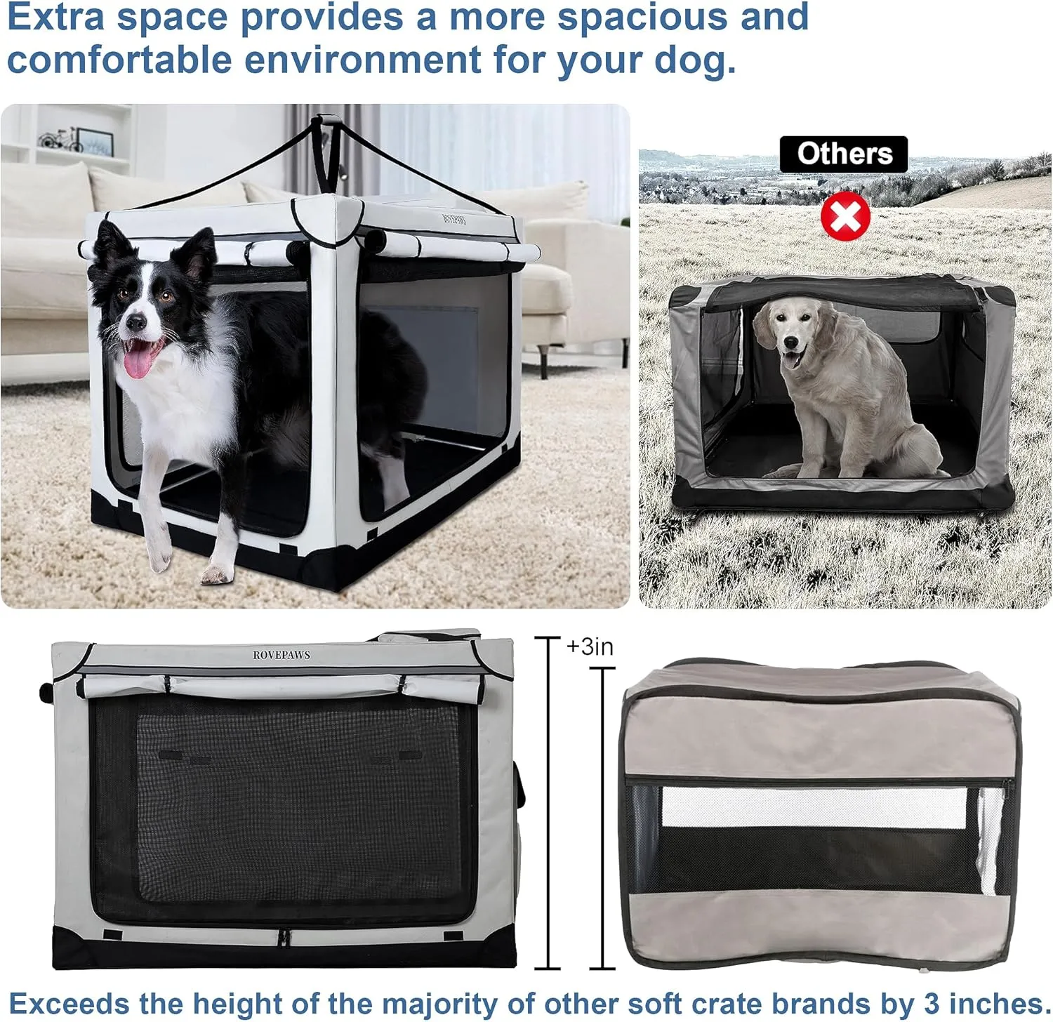 Soft Collapsible Dog Crate - 36 Inch Portable Travel Crate with Extra Space Indoor & Outdoor, 4-Door Foldable Pet Kennel with Durable Mesh Windows, Light Gray