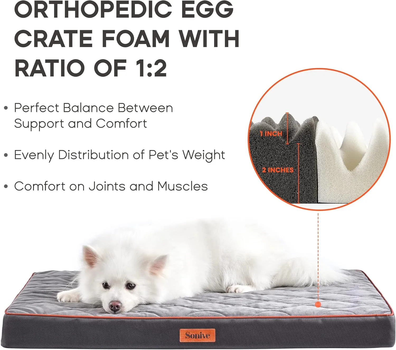 Sonive Large Size Dog & Cat Bed, Egg-Crate Foam Orthopedic Dog Bed, Waterproof Quilted Comfortable Pet Bed Indoor & Outdoor Use, Machine Washable & Removable Cover Non-Slip Grey Orange