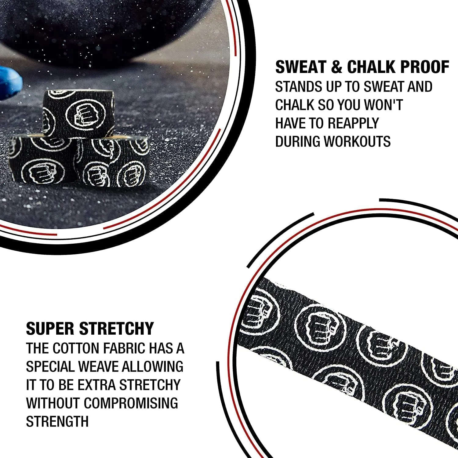WOD Nation Weightlifting Hook Grip Tape - Comfortable, Stretchy Athletic Thumb Tape for Cross Training  Protects Wrist & Finger - Weight Lifting - Powerlifting (3-Pack, 23ft Each, Black)