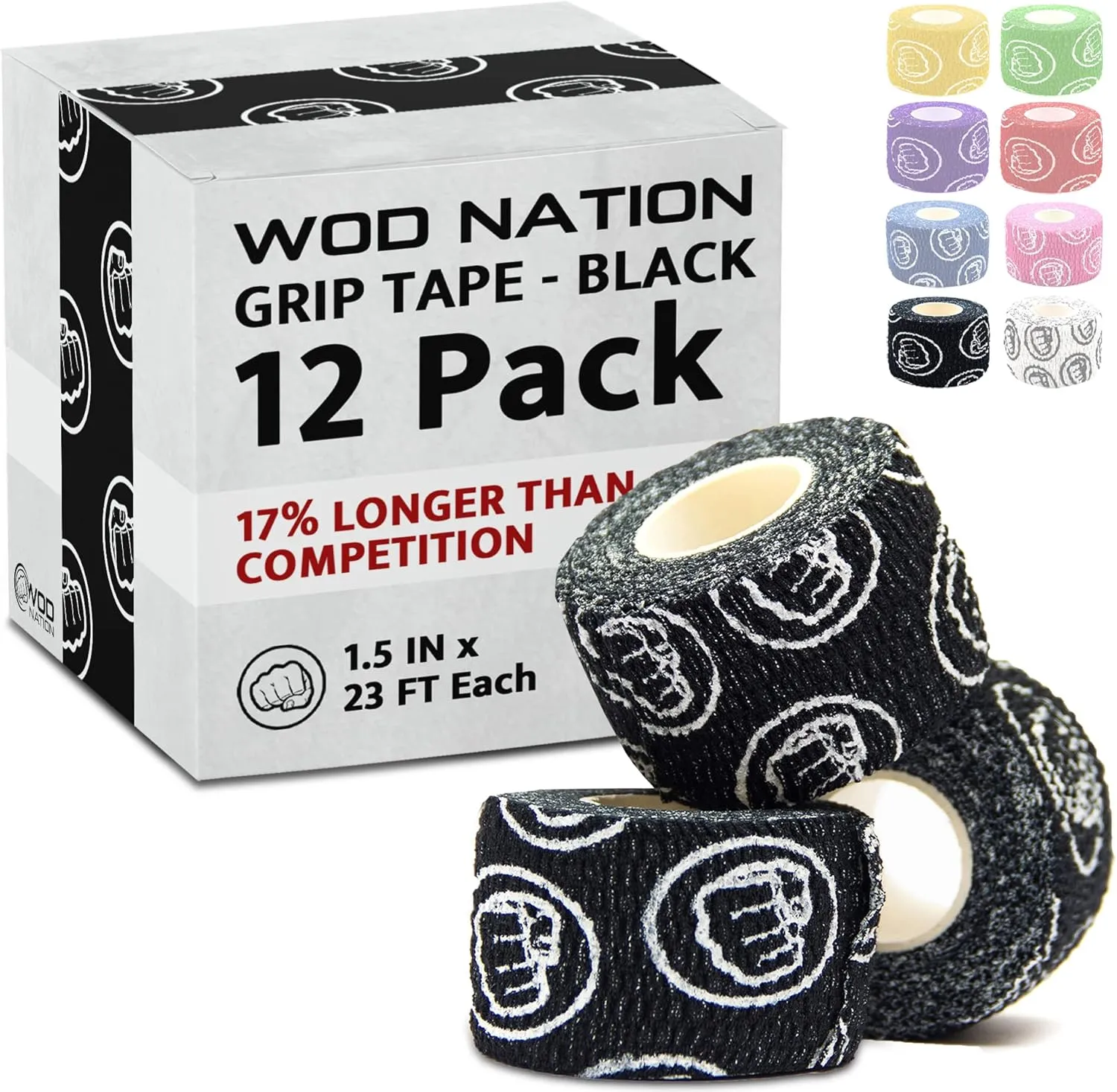 WOD Nation Weightlifting Hook Grip Tape - Comfortable, Stretchy Athletic Thumb Tape for Cross Training  Protects Wrist & Finger - Weight Lifting - Powerlifting (3-Pack, 23ft Each, Black)